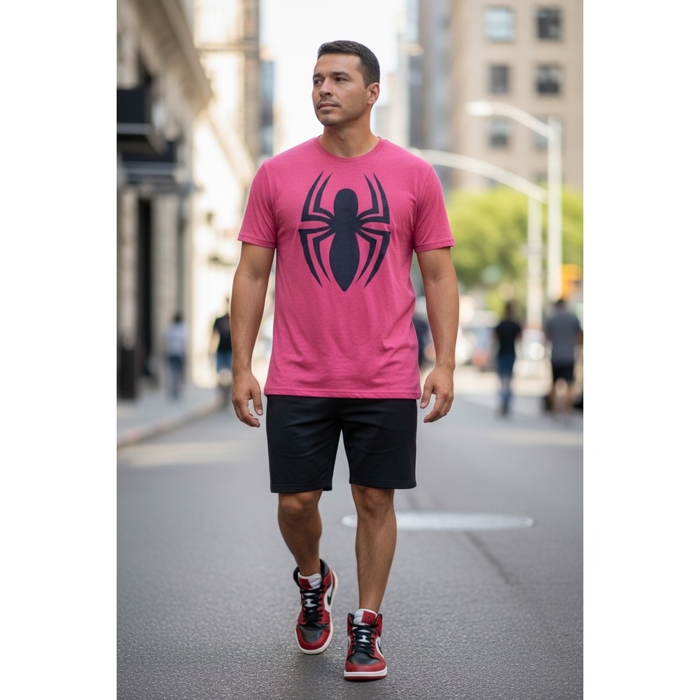 Marvel Spider-Man Graphic T-Shirt Mens XL Pink Heather Black Spider Logo Tee